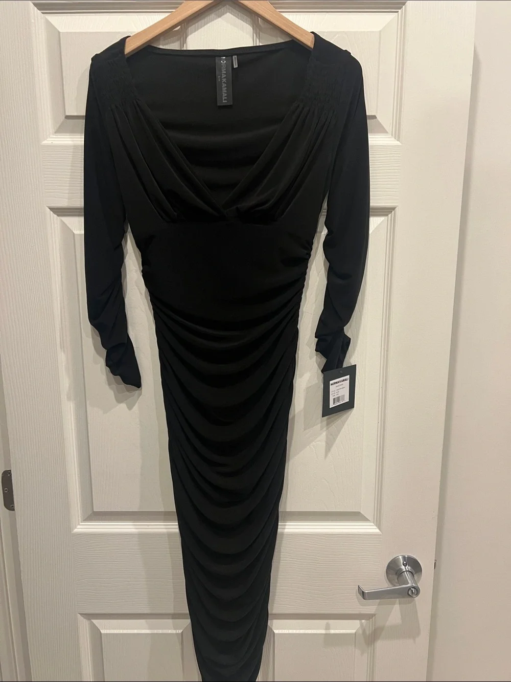 Norma Kamali Black Ruched V-Neck Long-Sleeve Midi Dress